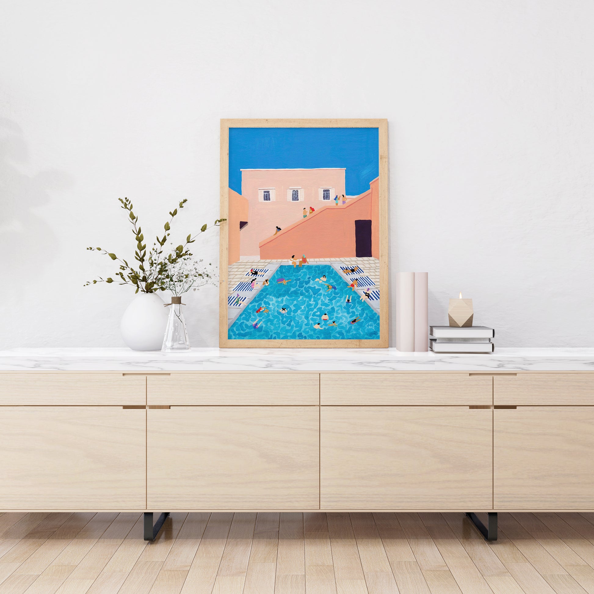 Framed Poster Art Prints Gathering Swim Gouache 16x20" 20x28" inch 40x50CM 50x70CM
