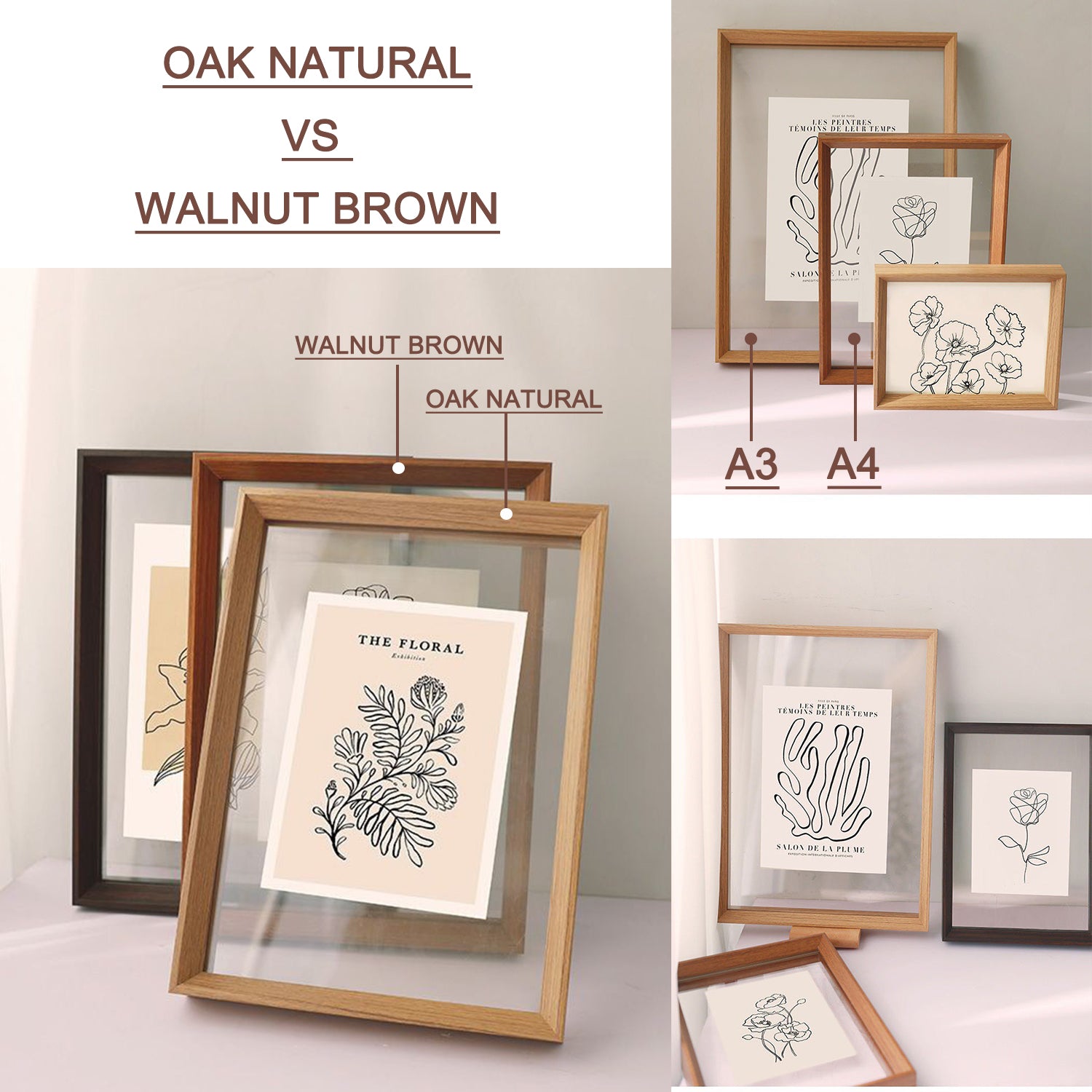 A3 Double Sided Floating Frame Transparency Frame Shadow Box Photo Frames Size - Walnut Brown