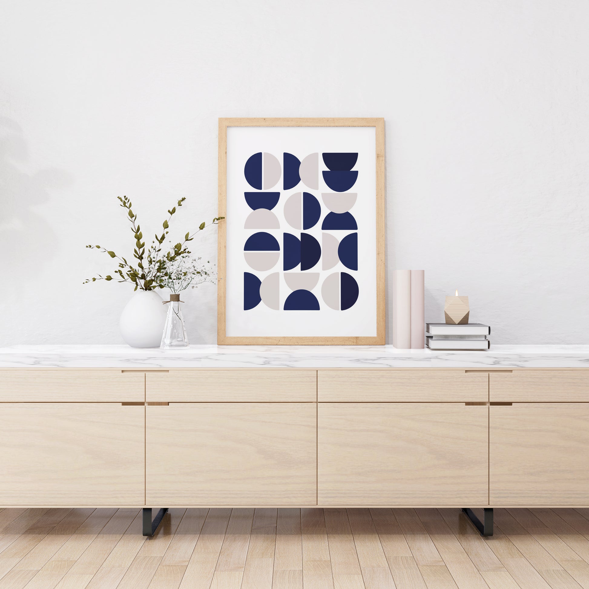 Framed Poster Art Prints BLUE WHITE GEOMETRIC Minimalist 16x20" 20x28" inch 40x50CM 50x70CM
