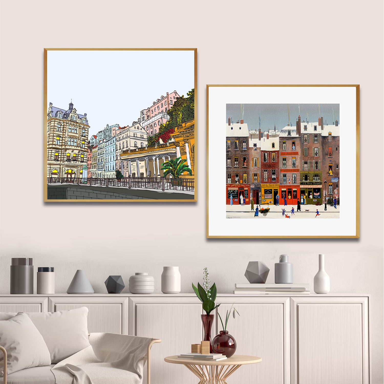 Set of 2 Wall Art 60x60 CM Framed Posters - Romantic Winter City View Art