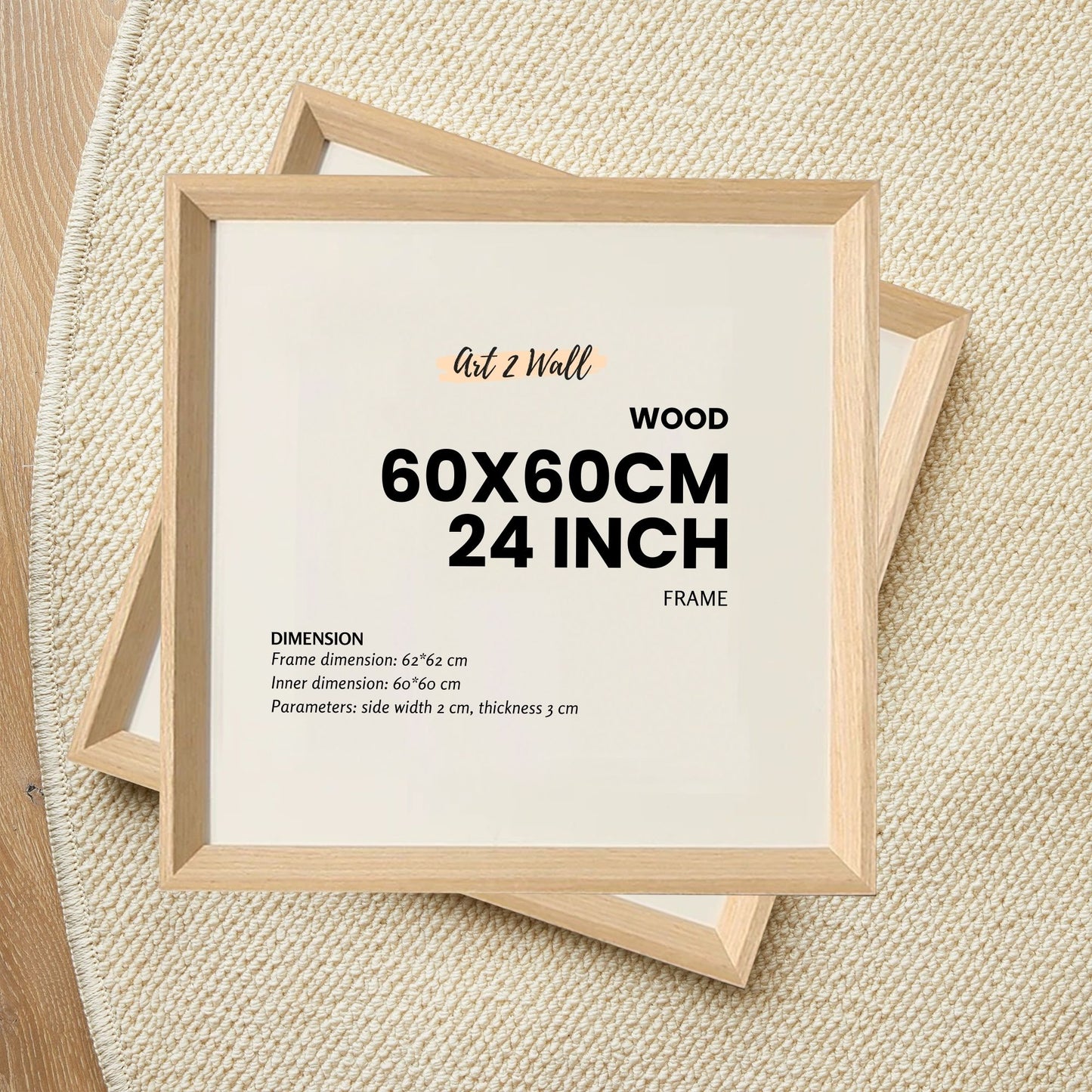 SET OF 2 - 60x60 CM Frame Oak Square Wood Picture Frame 24 inch