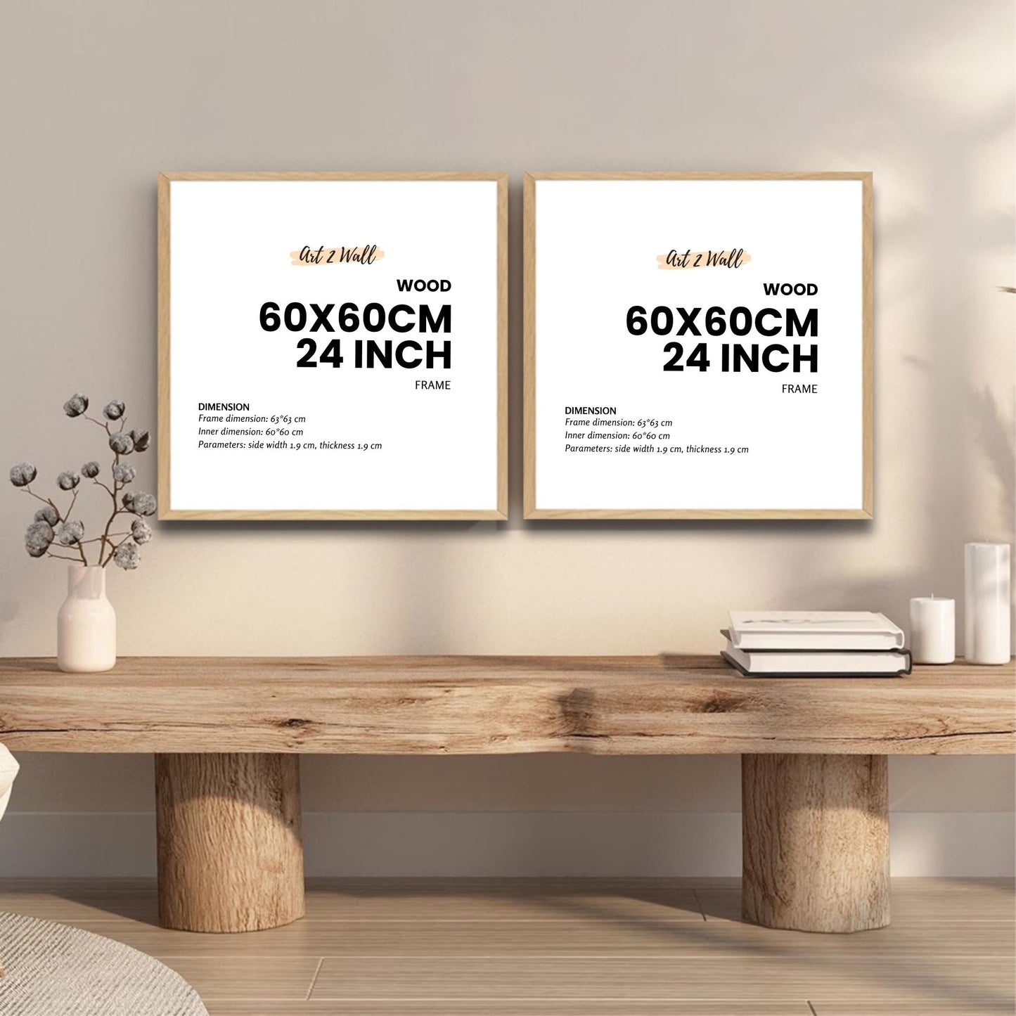 SET OF 2 - 60x60cm Frame Square Wood Oak