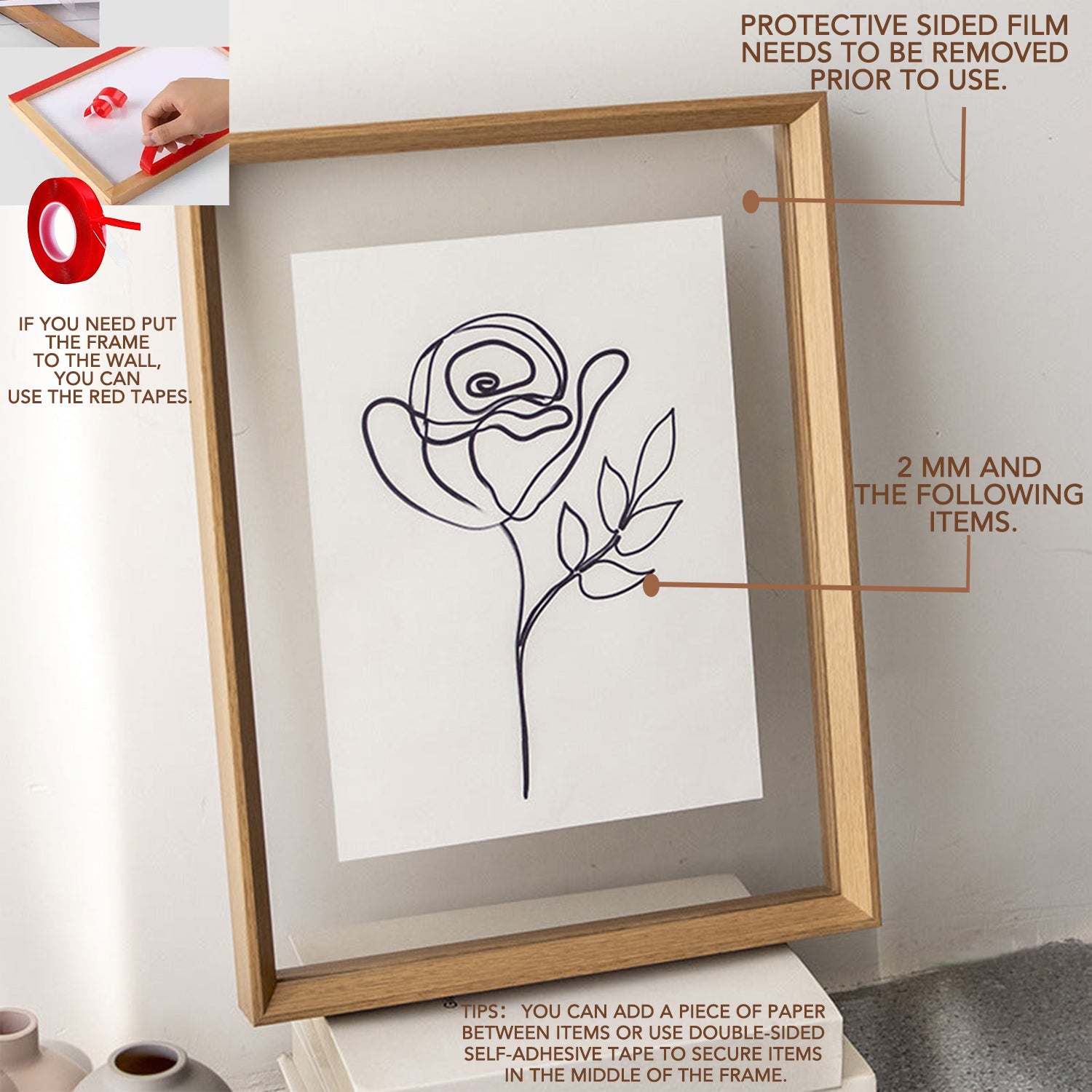 A3 Double Sided Floating Frame Transparency Frame Shadow Box Photo Frames Size - Walnut Brown