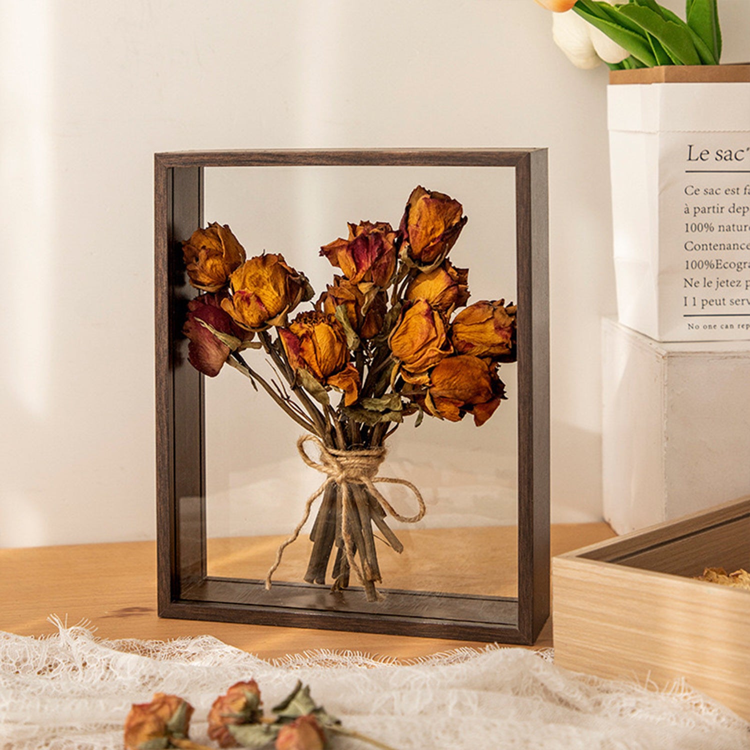 A4 Double Sided Glass Memory Box Dried Flower Frame Walnut Brown