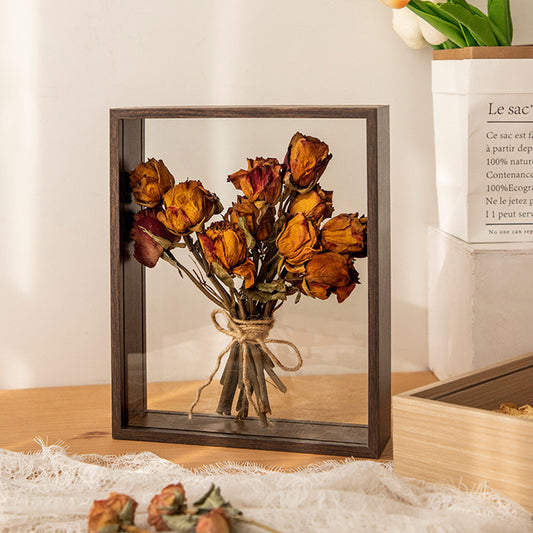 A4 Double Sided Glass Memory Box Dried Flower Frame Walnut Brown
