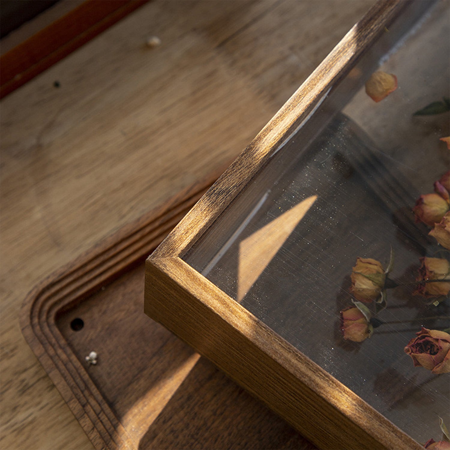 A4 Double Sided Glass Memory Box Dried Flower Frame Walnut Brown