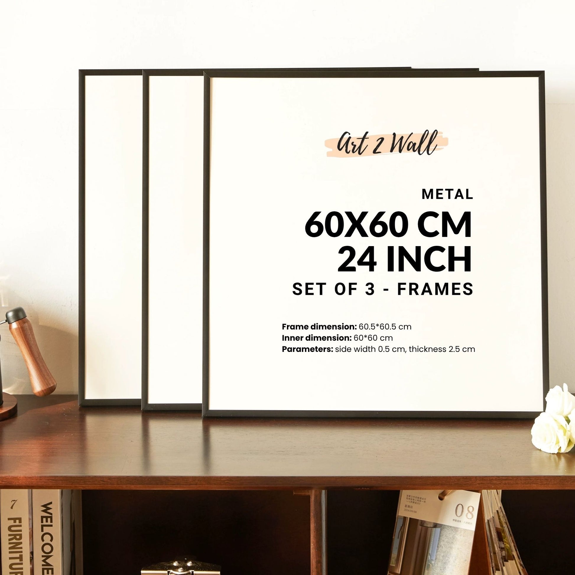 SET OF 3 - Thin Aluminum Premium Black Premium Metal Photo Frame 60x60 CM