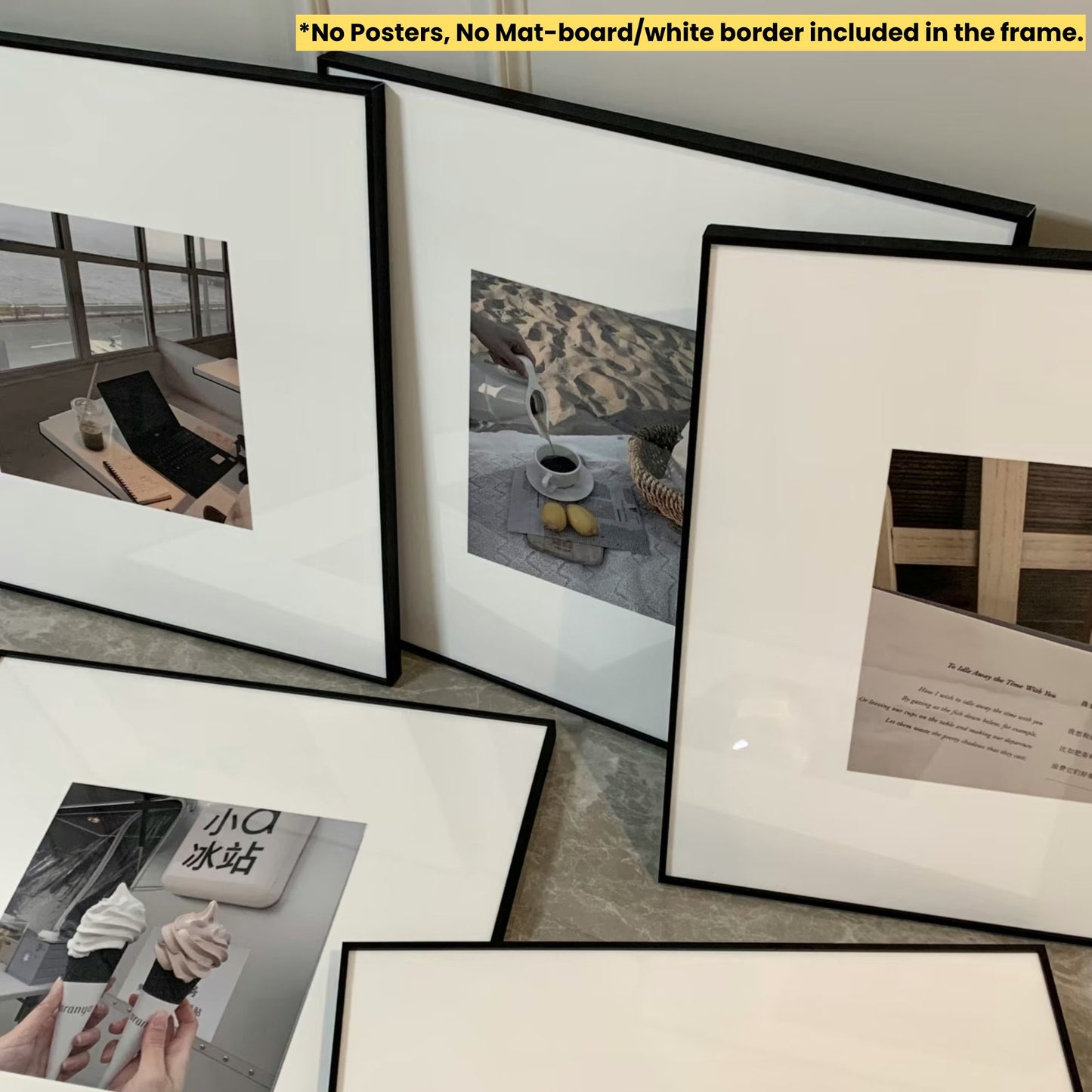 Framed photographs displayed on a surface with text indicating no mat-board or white border included. SET OF 3 - Thin Aluminum Premium Black Premium Metal Photo Frame 60x60 CM