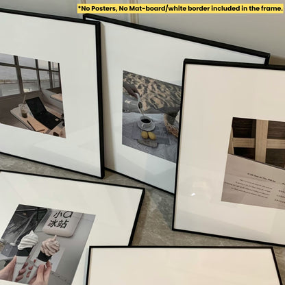 Framed photographs displayed on a surface with text indicating no mat-board or white border included. SET OF 3 - Thin Aluminum Premium Black Premium Metal Photo Frame 60x60 CM
