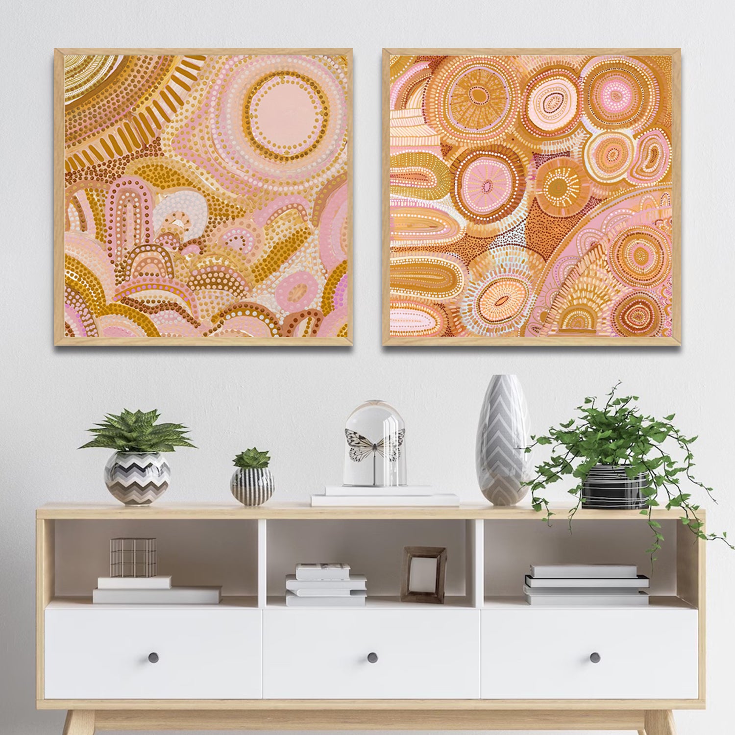 Set of 2 Wall Art 60x60 CM Framed Posters - DANCING BORA Aboriginal Prints