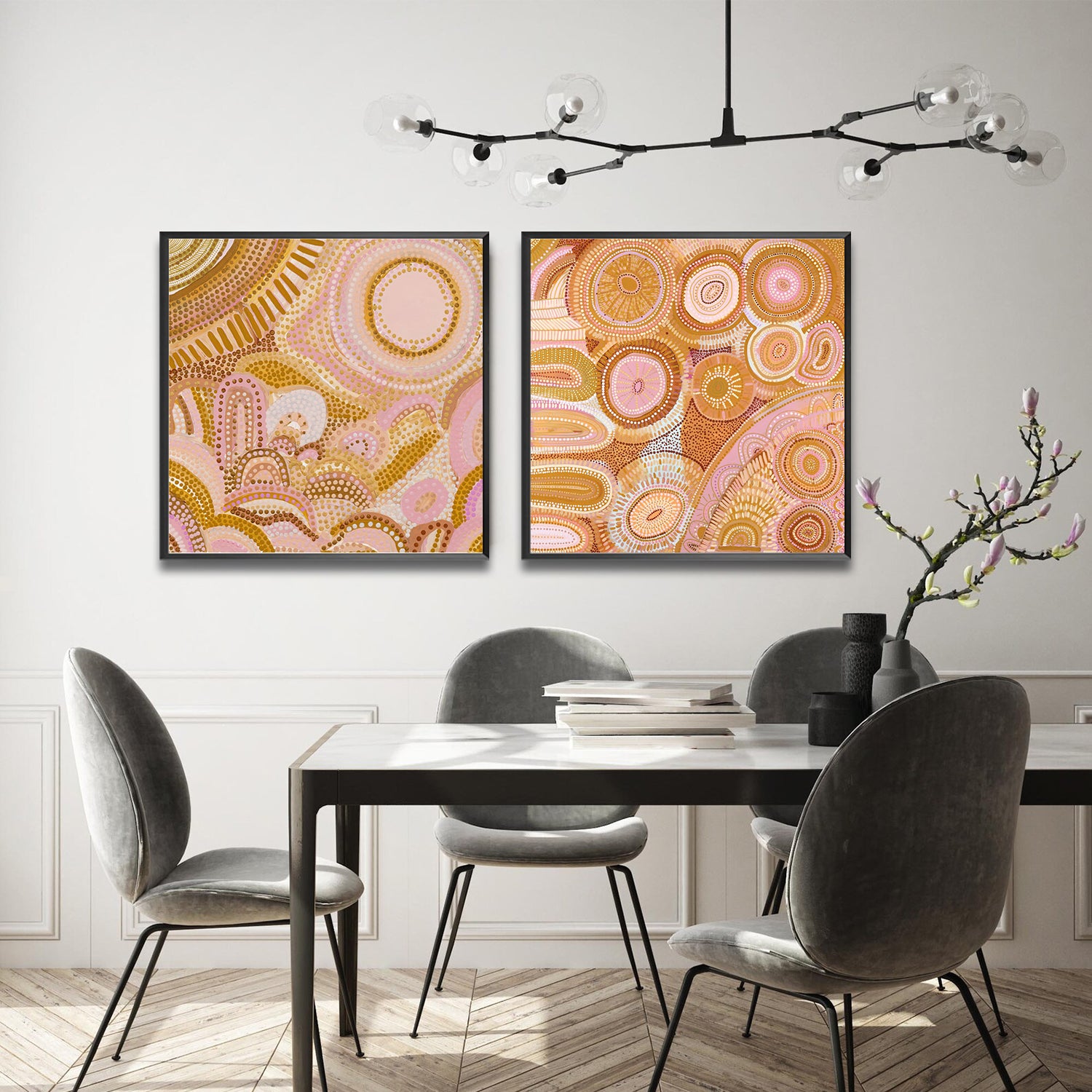Set of 2 Wall Art 60x60 CM Framed Posters - DANCING BORA Aboriginal Prints