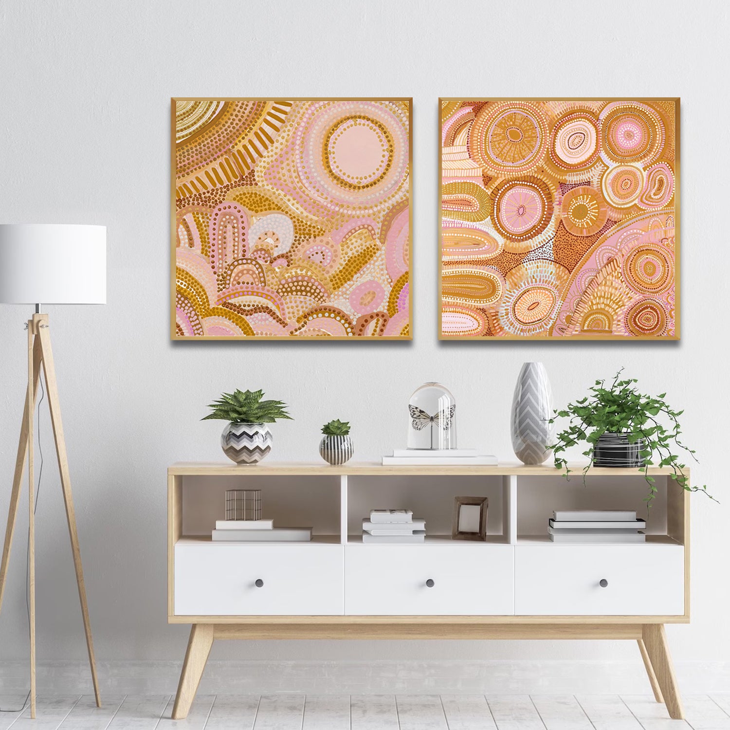 Set of 2 Wall Art 60x60 CM Framed Posters - DANCING BORA Aboriginal Prints