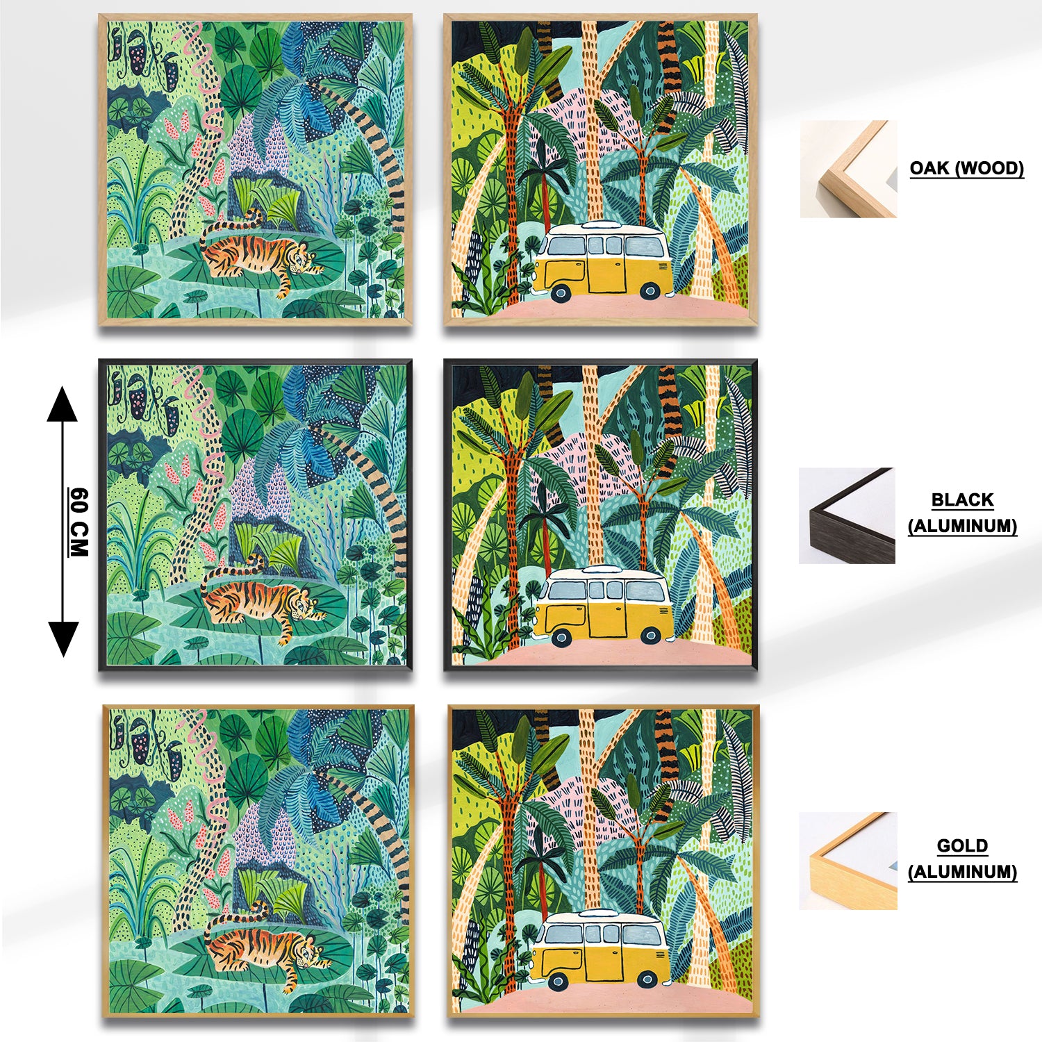Set of 2 Wall Art 60x60 CM Framed Posters - Animals in Jungle