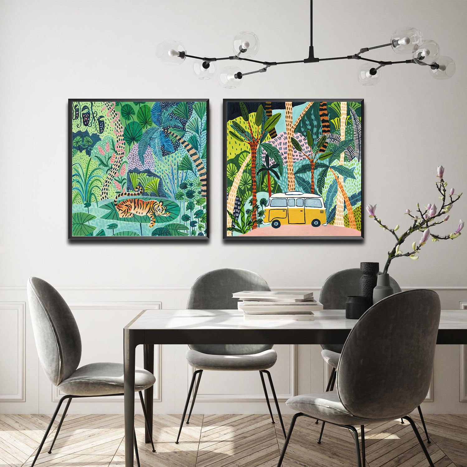 Set of 2 Wall Art 60x60 CM Framed Posters - Animals in Jungle
