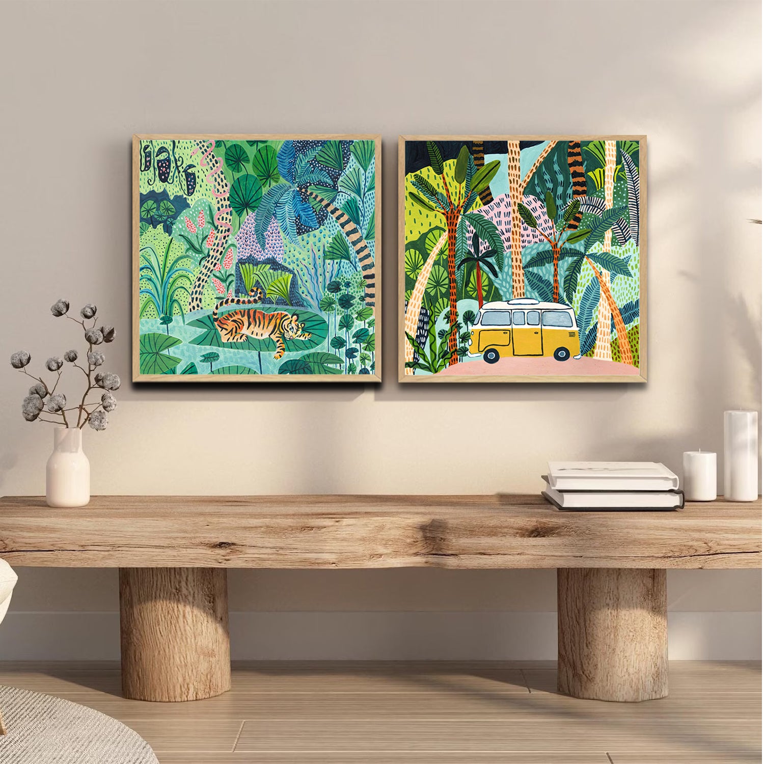 Set of 2 Wall Art 60x60 CM Framed Posters - Animals in Jungle