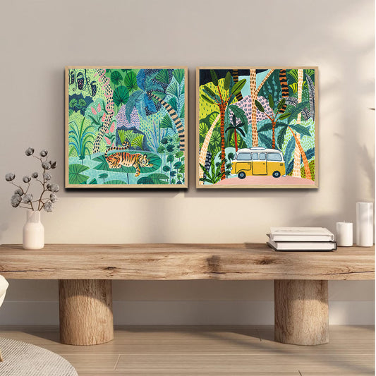 Set of 2 Wall Art 60x60 CM Framed Posters - Animals in Jungle