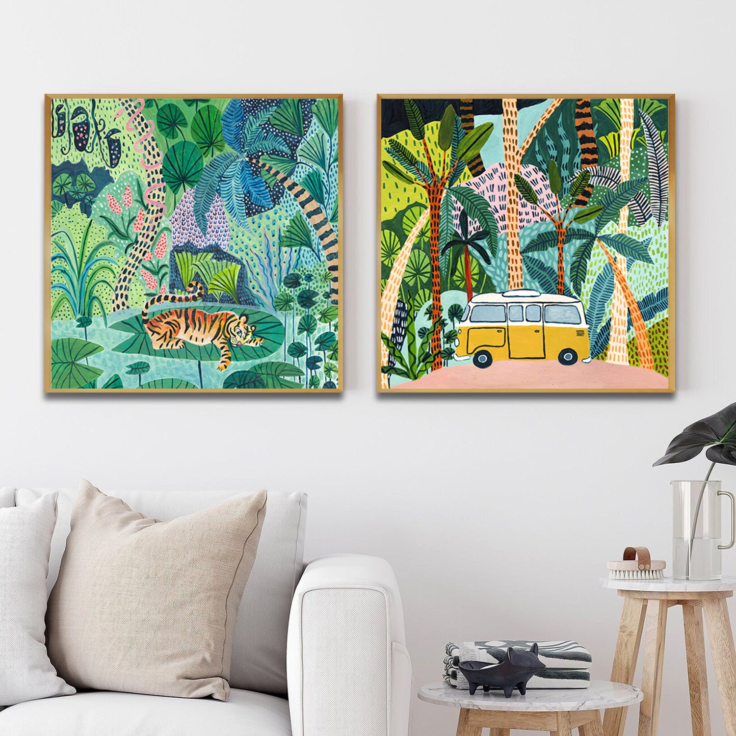 Set of 2 Wall Art 60x60 CM Framed Posters - Animals in Jungle