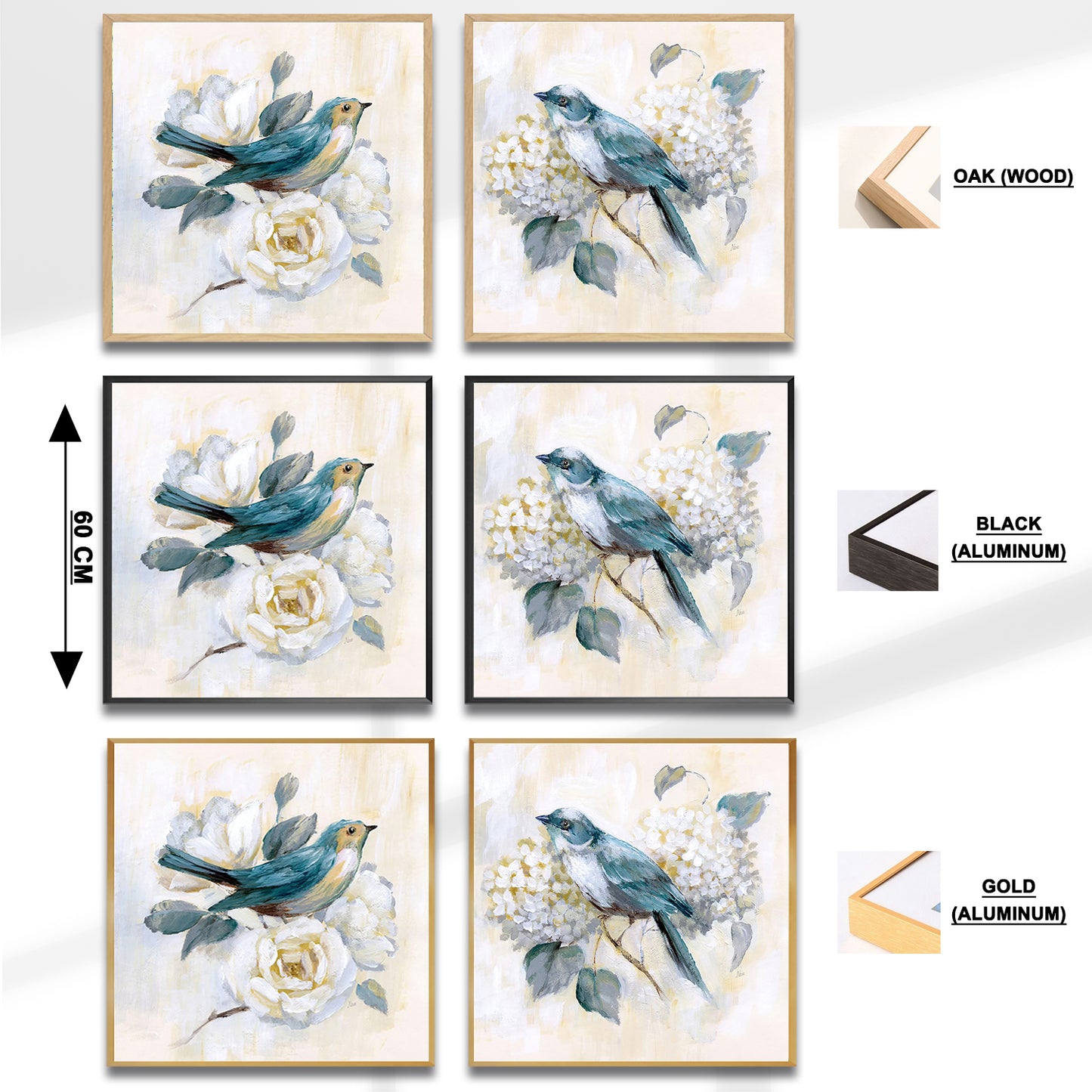 Set of 2 Wall Art 60x60 CM Framed Posters - Bird and Flower Poster