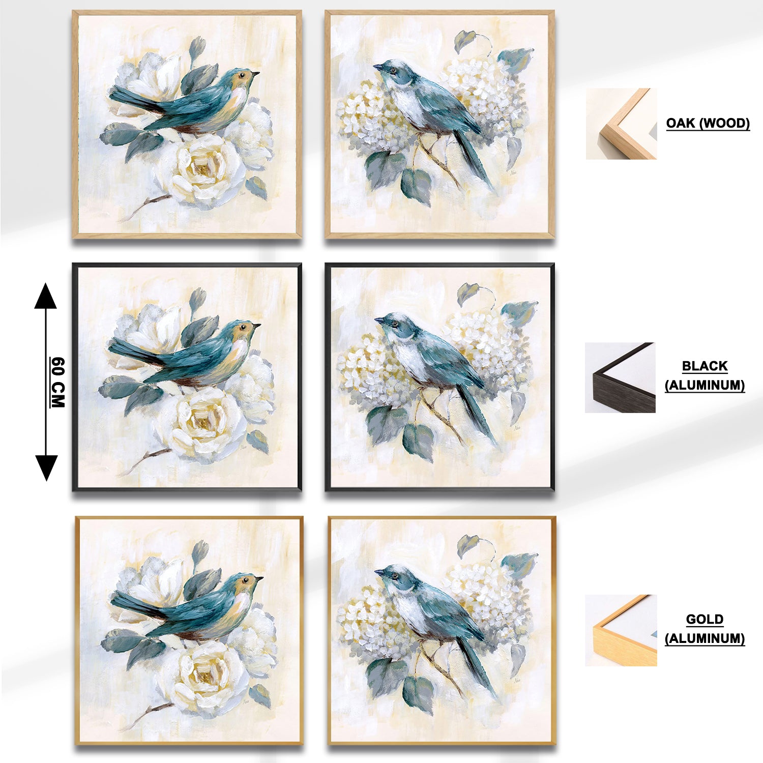 Set of 2 Wall Art 60x60 CM Framed Posters - Bird and Flower Poster