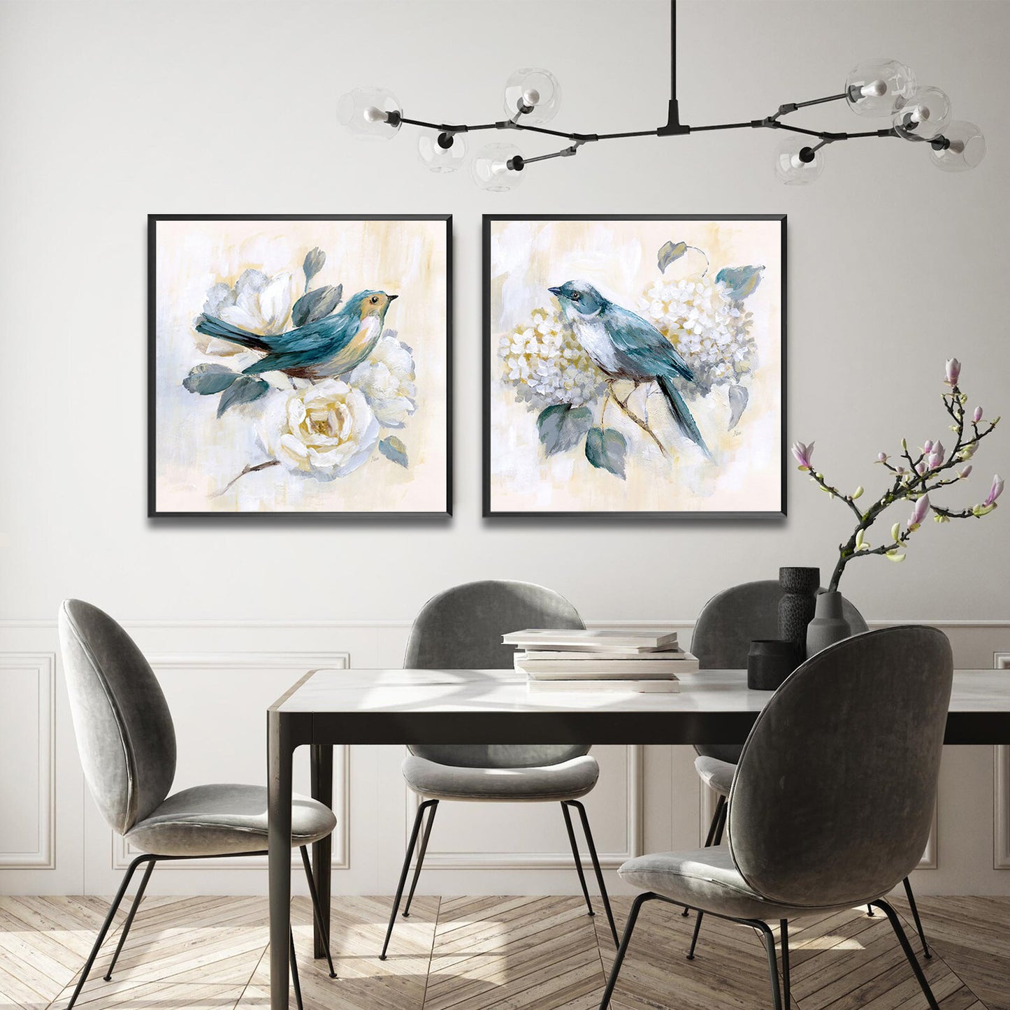 Set of 2 Wall Art 60x60 CM Framed Posters - Bird and Flower Poster