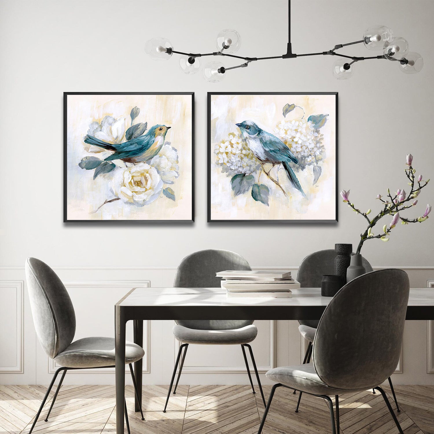 Set of 2 Wall Art 60x60 CM Framed Posters - Bird and Flower Poster