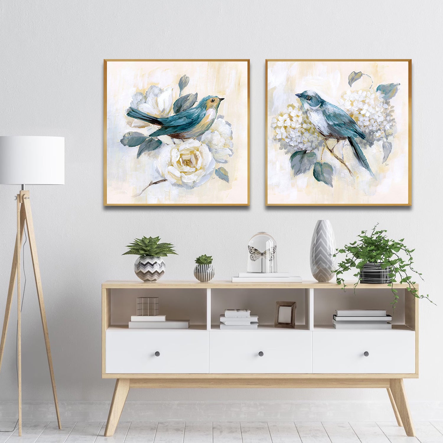 Set of 2 Wall Art 60x60 CM Framed Posters - Bird and Flower Poster